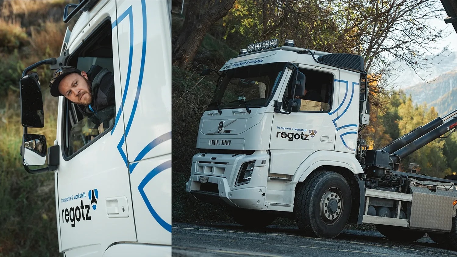 Zwei Aufnahmen eines beschrifteten Lastwagens von regotz transporte & werkstatt: Fahrer blickt aus dem Fenster, daneben die Fahrzeugfront auf einer Bergstrasse.