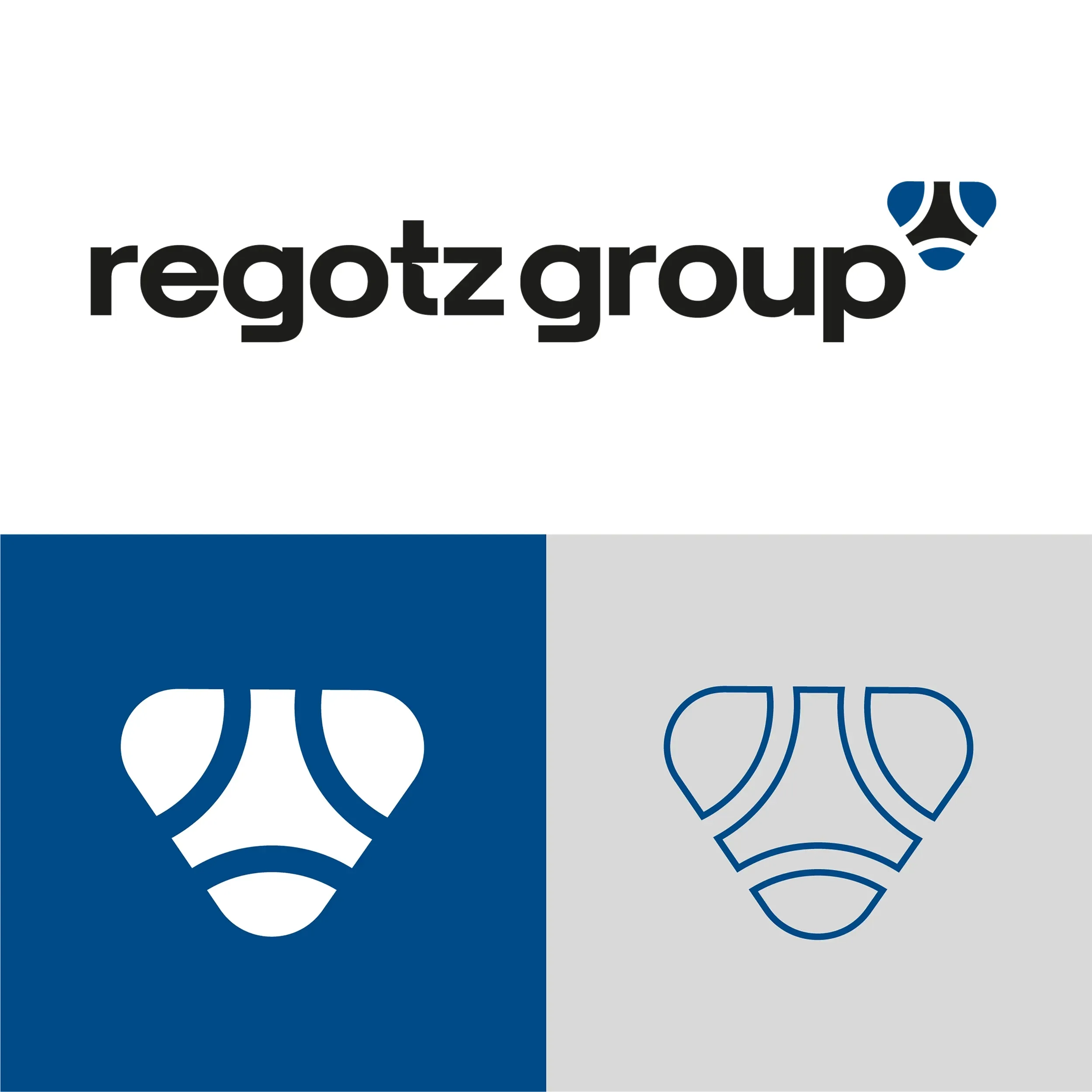 Logo der Regotz Group mit Schriftzug sowie die Bildmarke in Weiss auf Blau und als blaue Linienversion auf Grau.