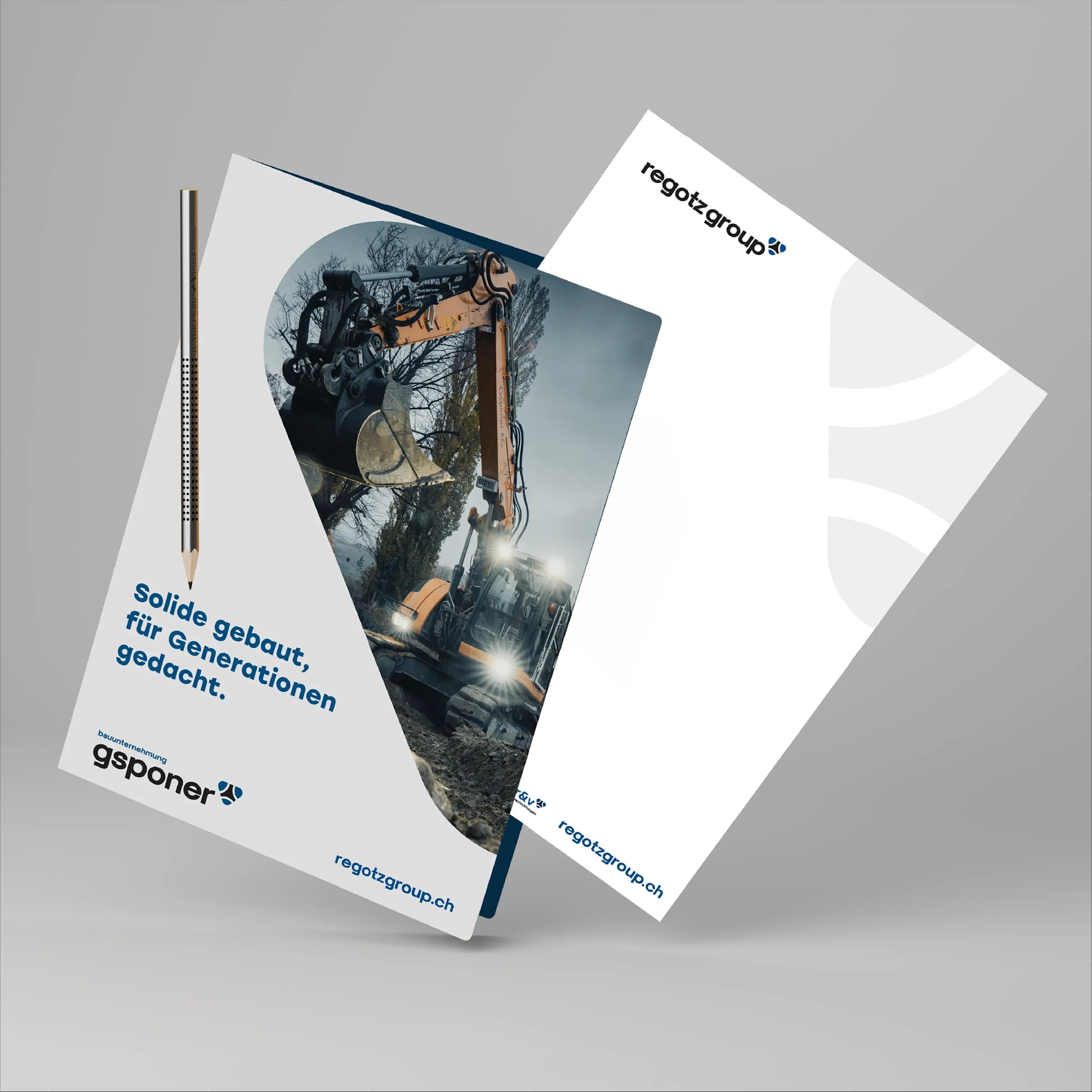 Geschäftsdrucksachen der Regotz Group: Flyer der Bauunternehmung Gsponer mit Baggerbild und Claim sowie Briefpapier mit Logo.