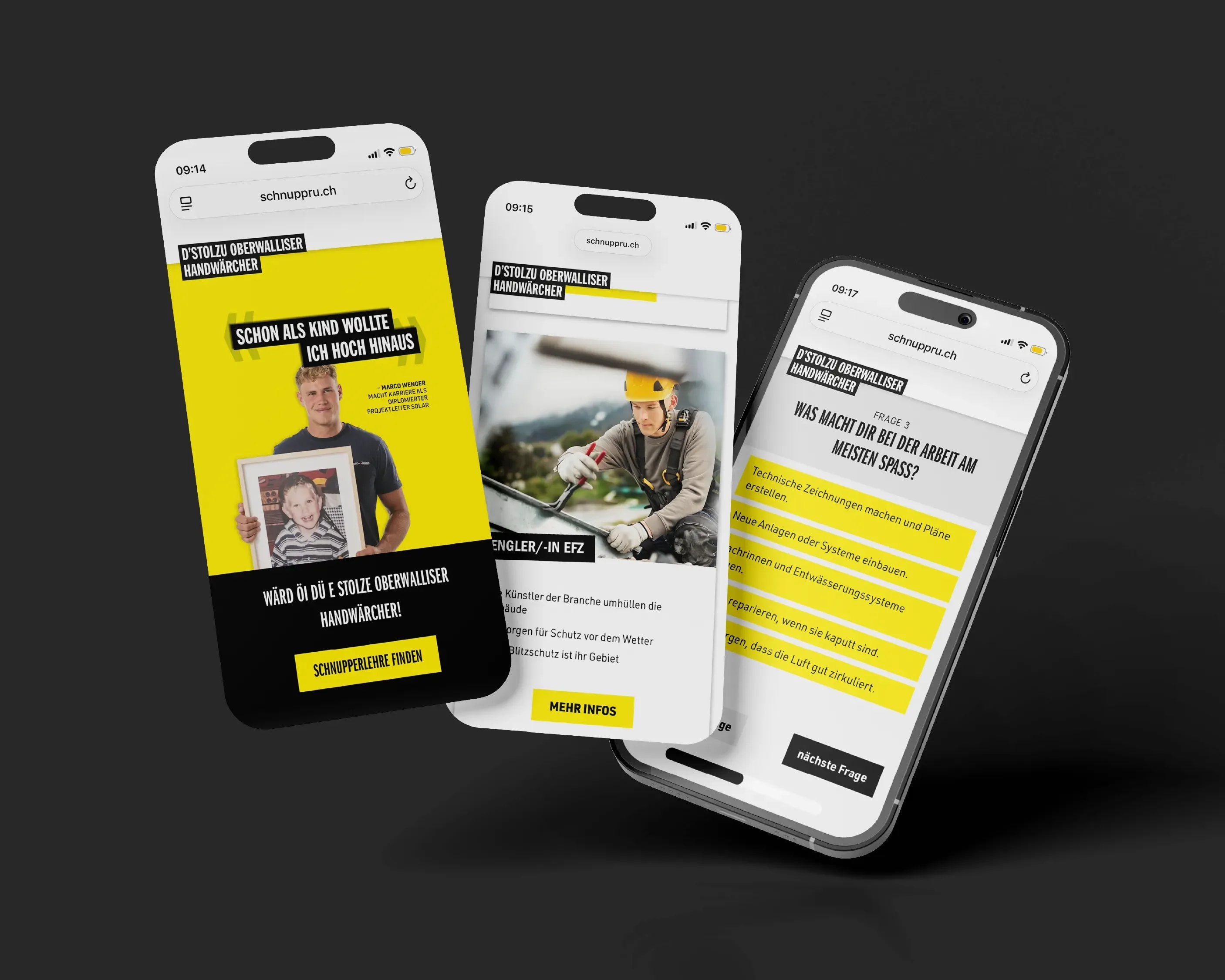 Kampagnenwebsite schnuppru.ch auf drei Smartphones: Porträt mit Zitat, Berufsbeschrieb Spengler/-in EFZ und eine Frage des Berufs-Checks.